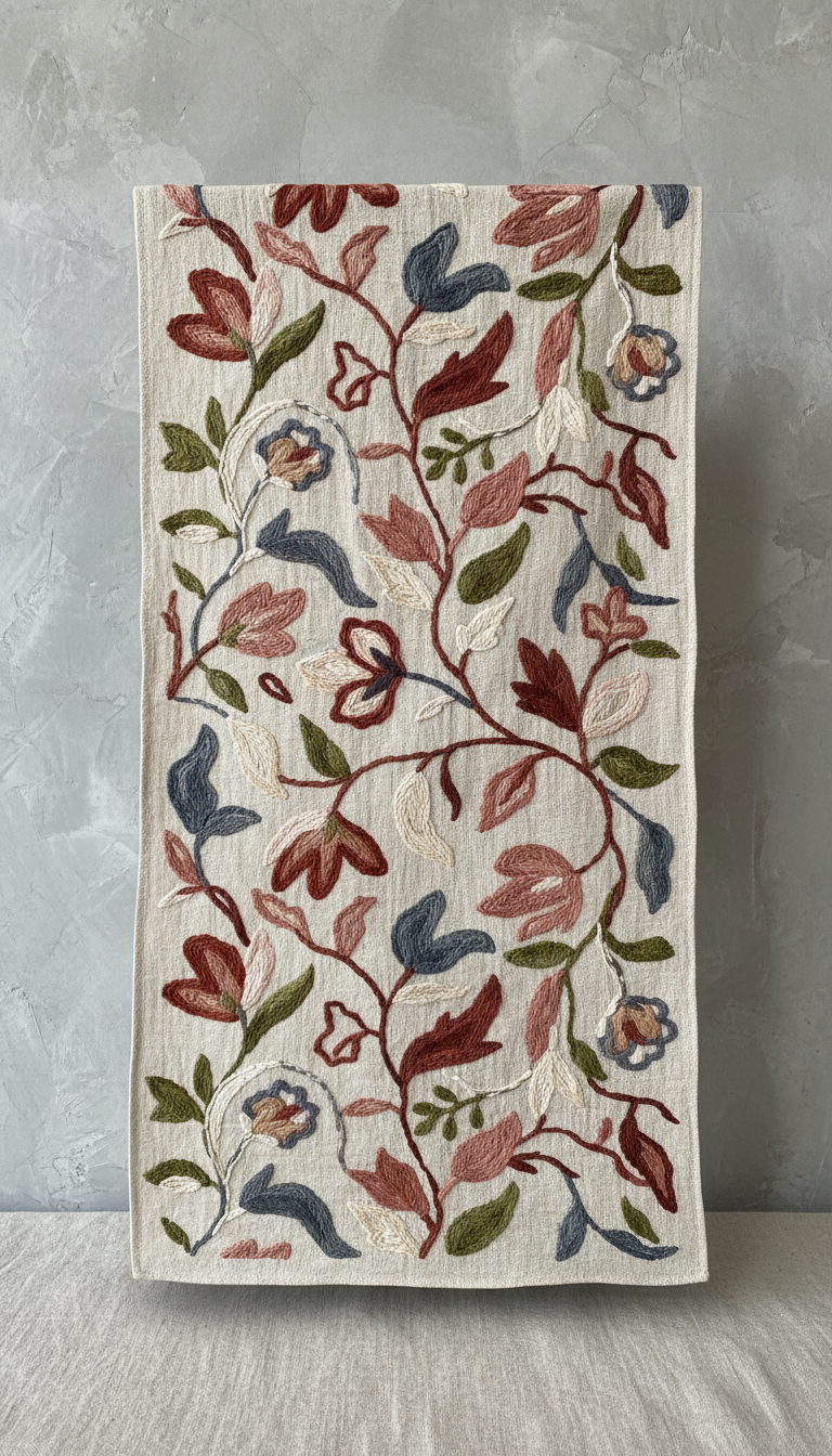 Hand-Embroidered Linen Scarf with Olive Motif